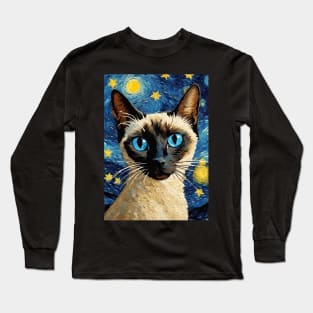 Adorable Siamese Cat Breed Painting in a Van Gogh Starry Night Art Style Long Sleeve T-Shirt